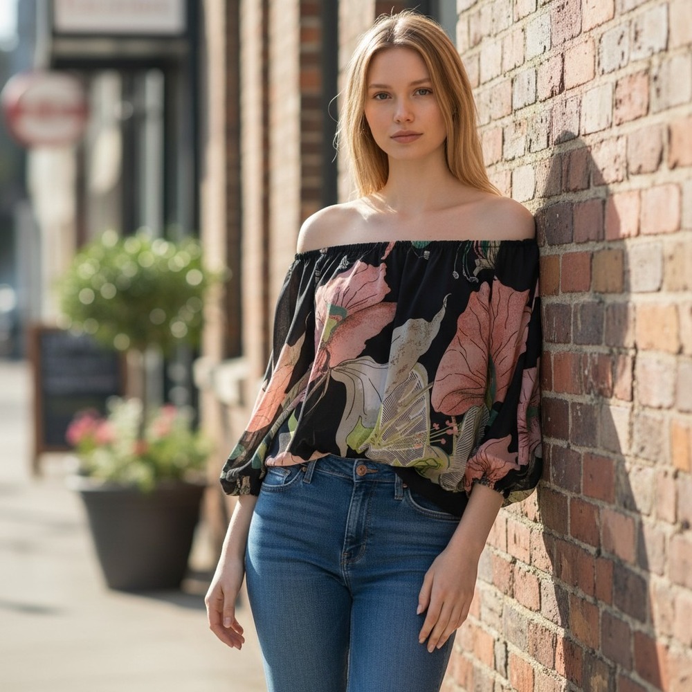 Entro Womens Large Black Pink Floral Off Shoulder Flutter Sleeve Blouse T7006
